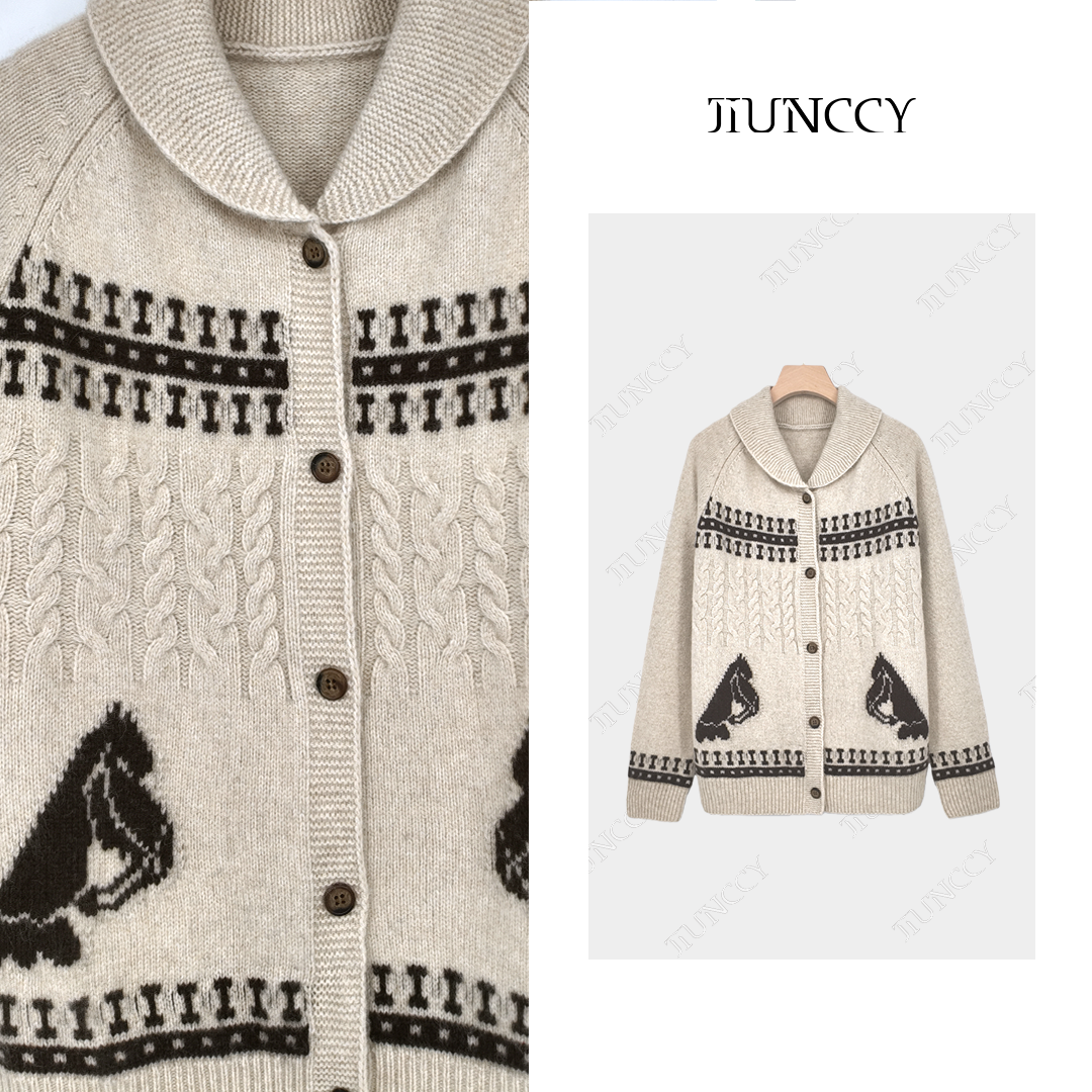 JIUNCCY【木马】高原藏羊毛绵羊毛撞色提花青果领针织开衫 52YZZ209