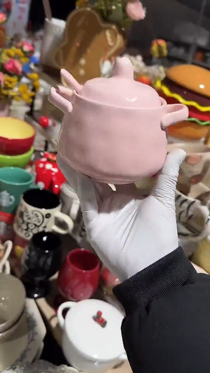 陶瓷锤纹粉色炖盅带勺子微瑕 凑满20元包邮