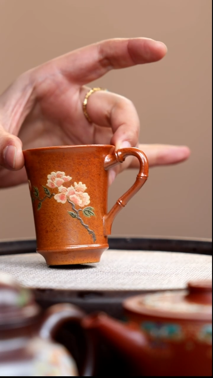 茶壶紫砂柴烧竹节手把杯泥绘花