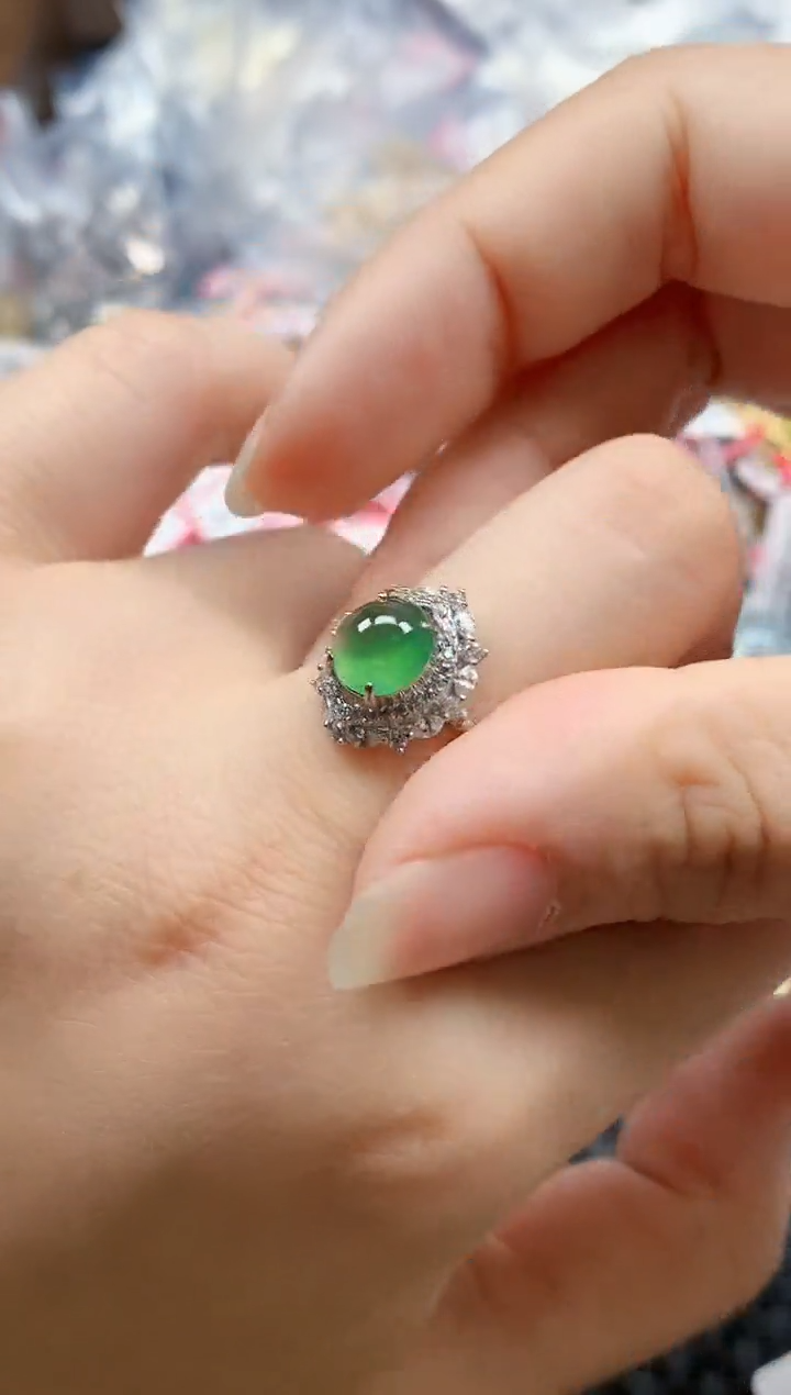银S925镶嵌戒指翡翠天然A货缅甸翡翠