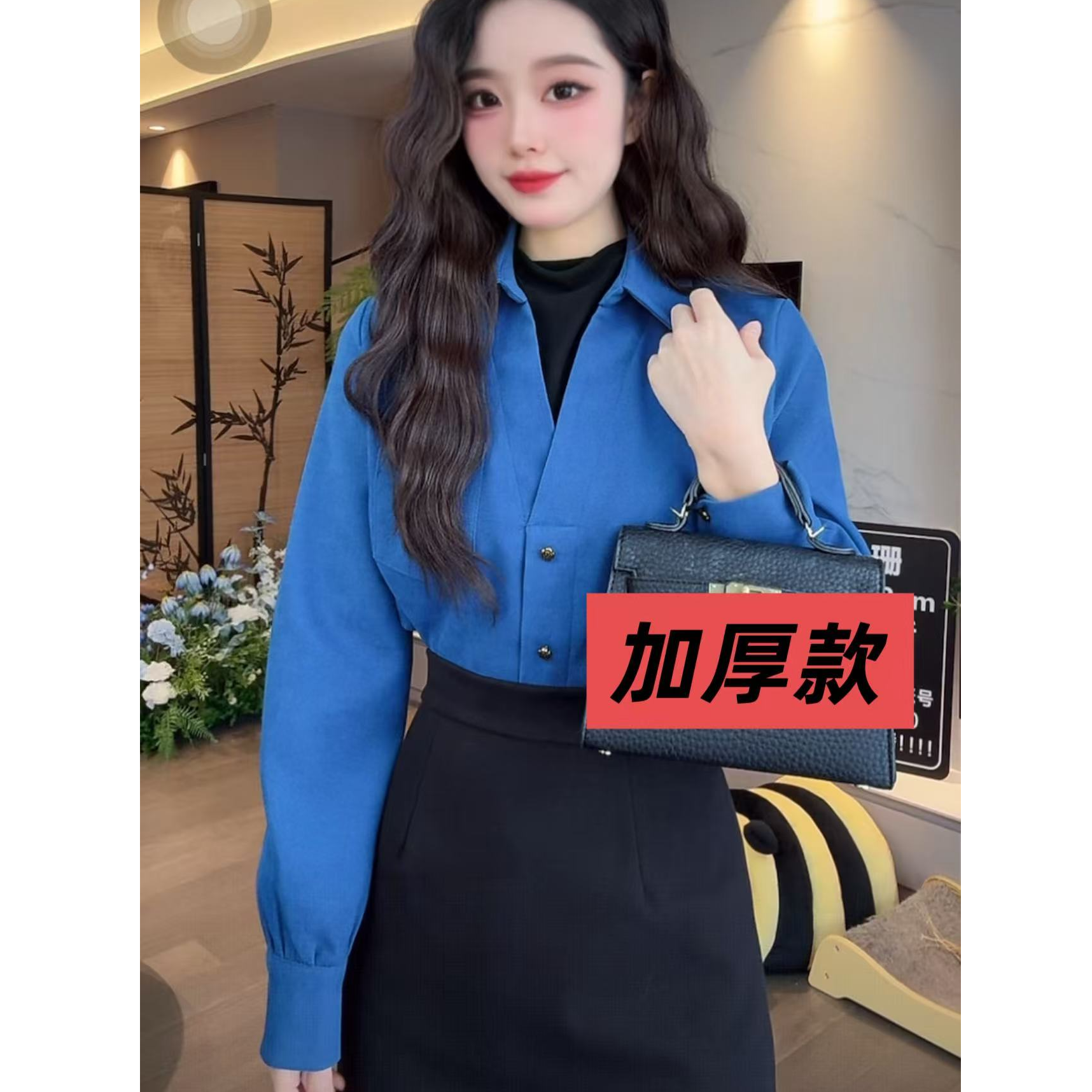 2025秋冬 常规加厚款 高级上衣港味复古气质设计假两件长袖上衣