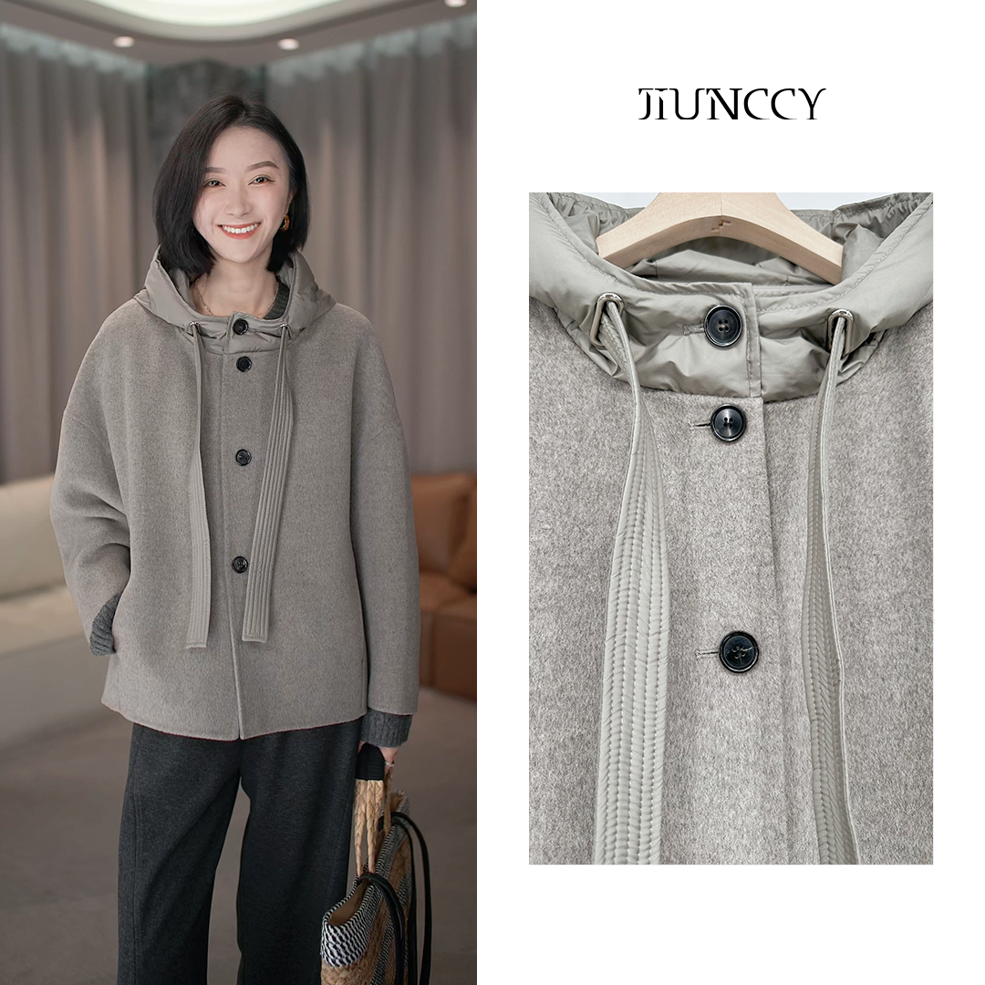 JIUNCCY【富士山】高支山羊绒羊毛拼鹅绒连帽双面呢短款大衣42DY042