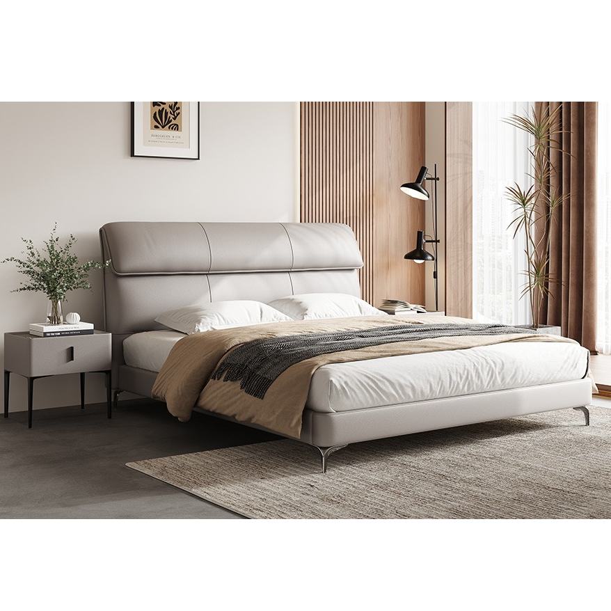 现代风格时尚简约舒适靠背头层牛皮静音双人床