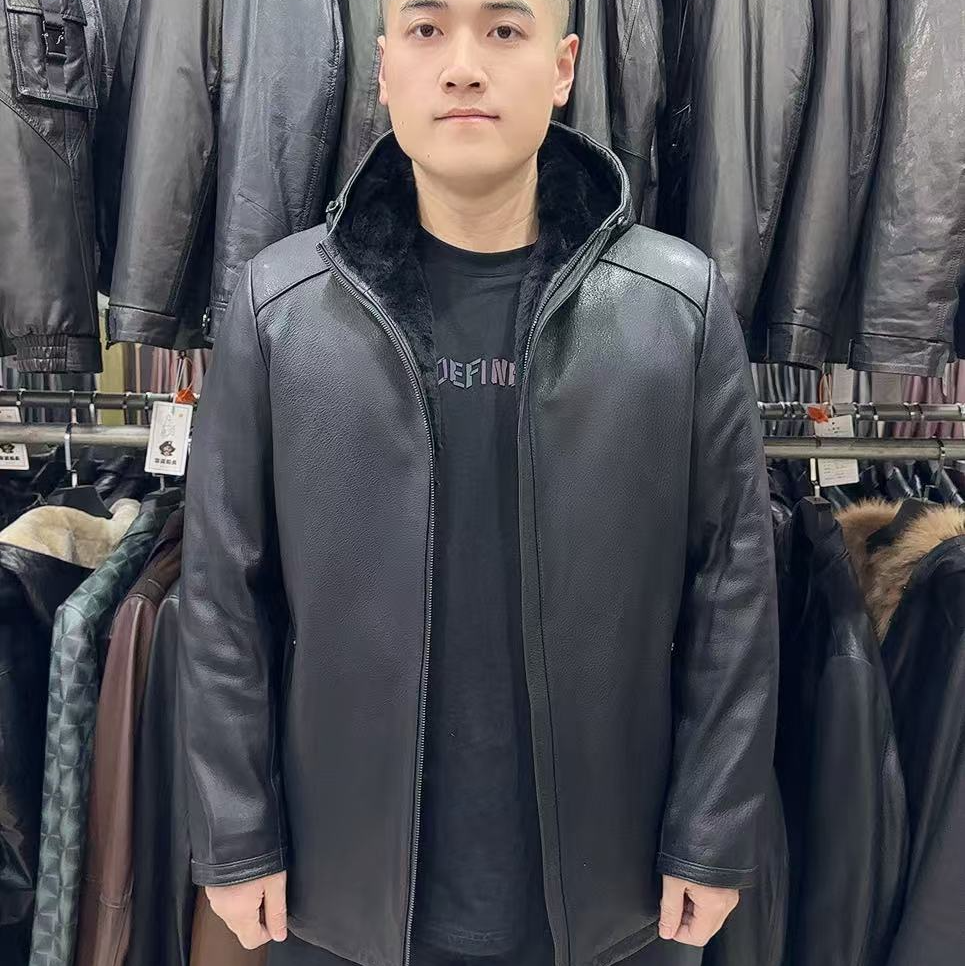 山羊皮商务休闲款兔毛皮毛一体整胆连帽男士真皮皮衣