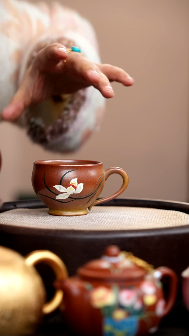 茶壶紫砂柴烧兰花手把杯