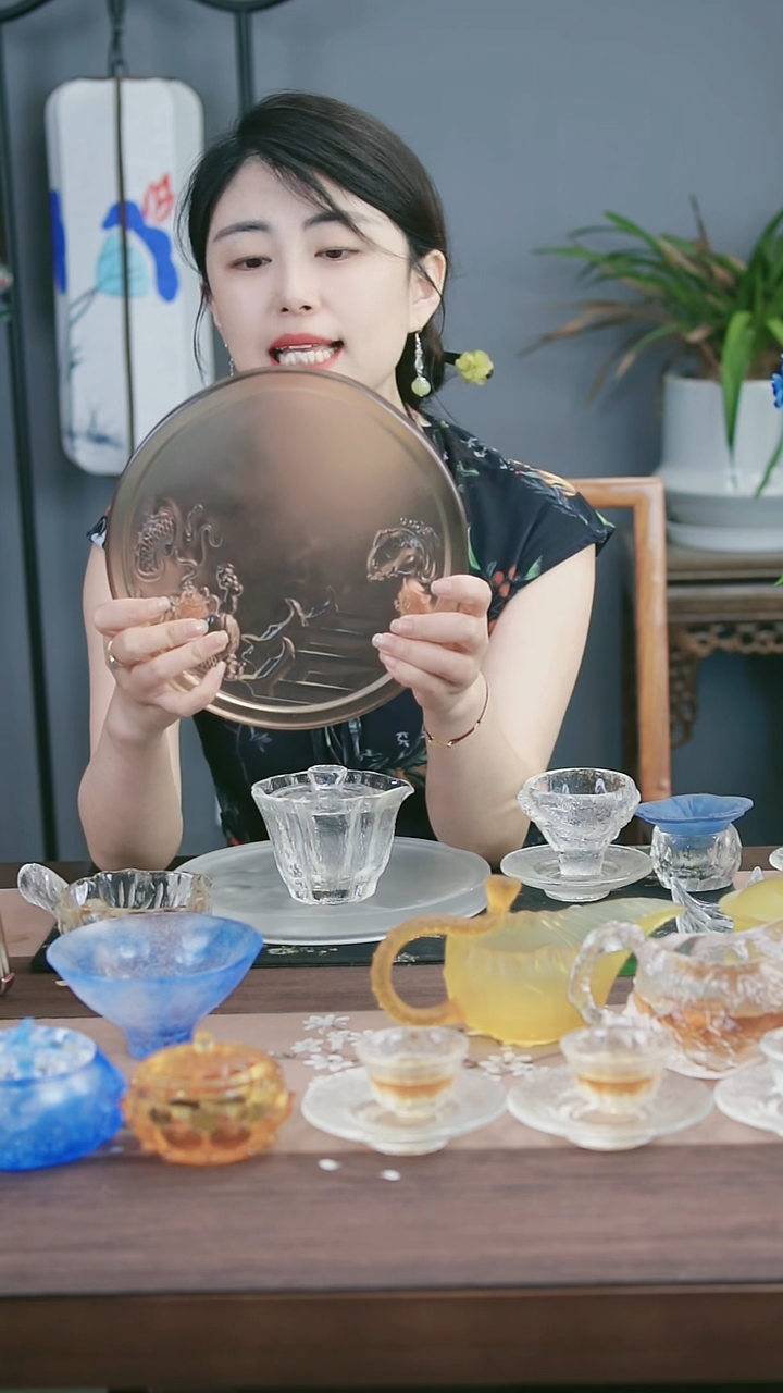 茶盏古法琉璃香槟色鲤鱼跃龙门茶盘