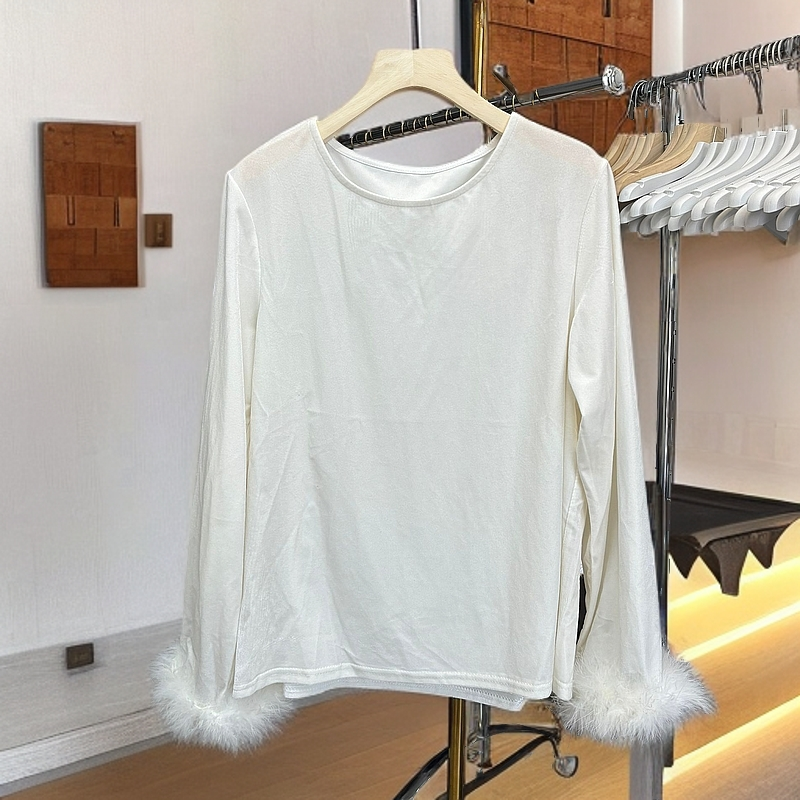 设计师少女风圆领网红法式复古港风T恤常规蕾丝女士宽松套头