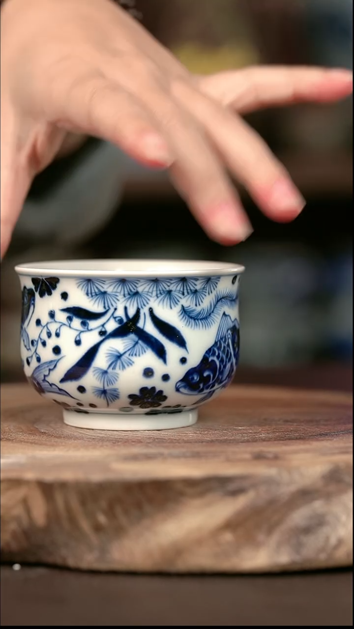 手绘 高温现代瓷  气窑  鱼藻高炉杯120C