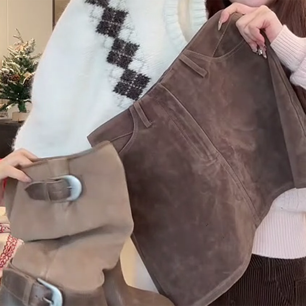 【麂皮半裙】自带安全裤秋冬复古麂皮绒半身裙显瘦A字包臀裙W1308