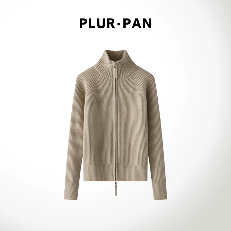 PLUR·PAN高领双拉链坑条纹显瘦针织开衫18362