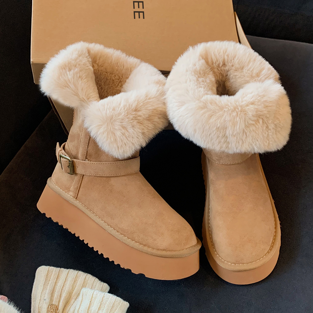 扣带厚底灰色翻边雪地靴女2025冬季新款中长筒加绒加厚保暖靴棉鞋
