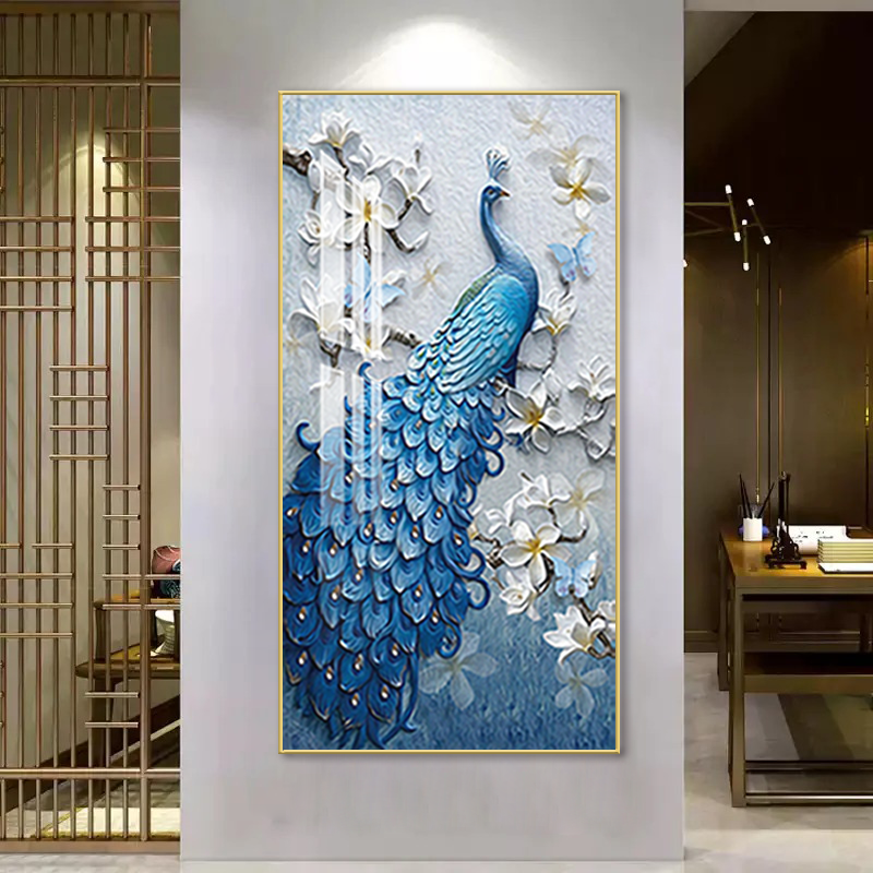 蓝色吉祥孔雀简约轻奢风格玄关走廊装饰画入户手工晶瓷装饰挂画