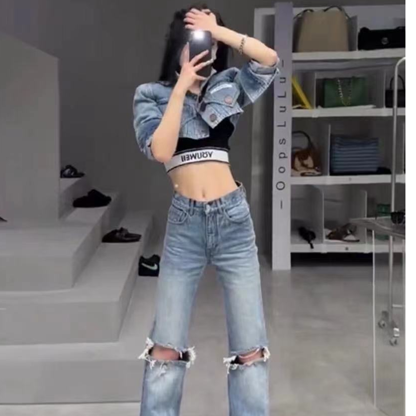 直筒设计感蓝色套装牛仔百搭女两件套3743