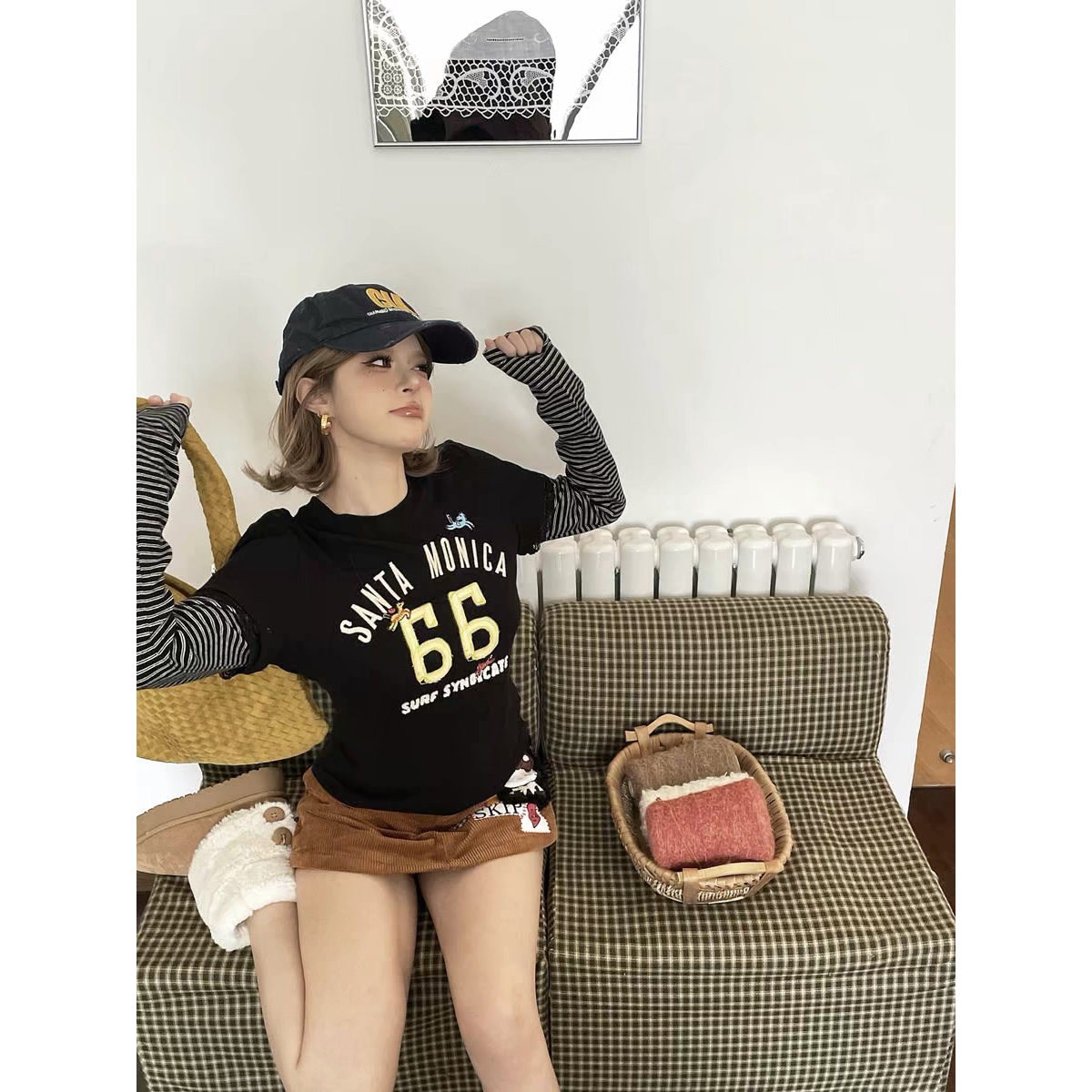 「涵涵家」时髦小众数字贴布刺绣假两件拼接T恤女条纹长袖上衣#8887