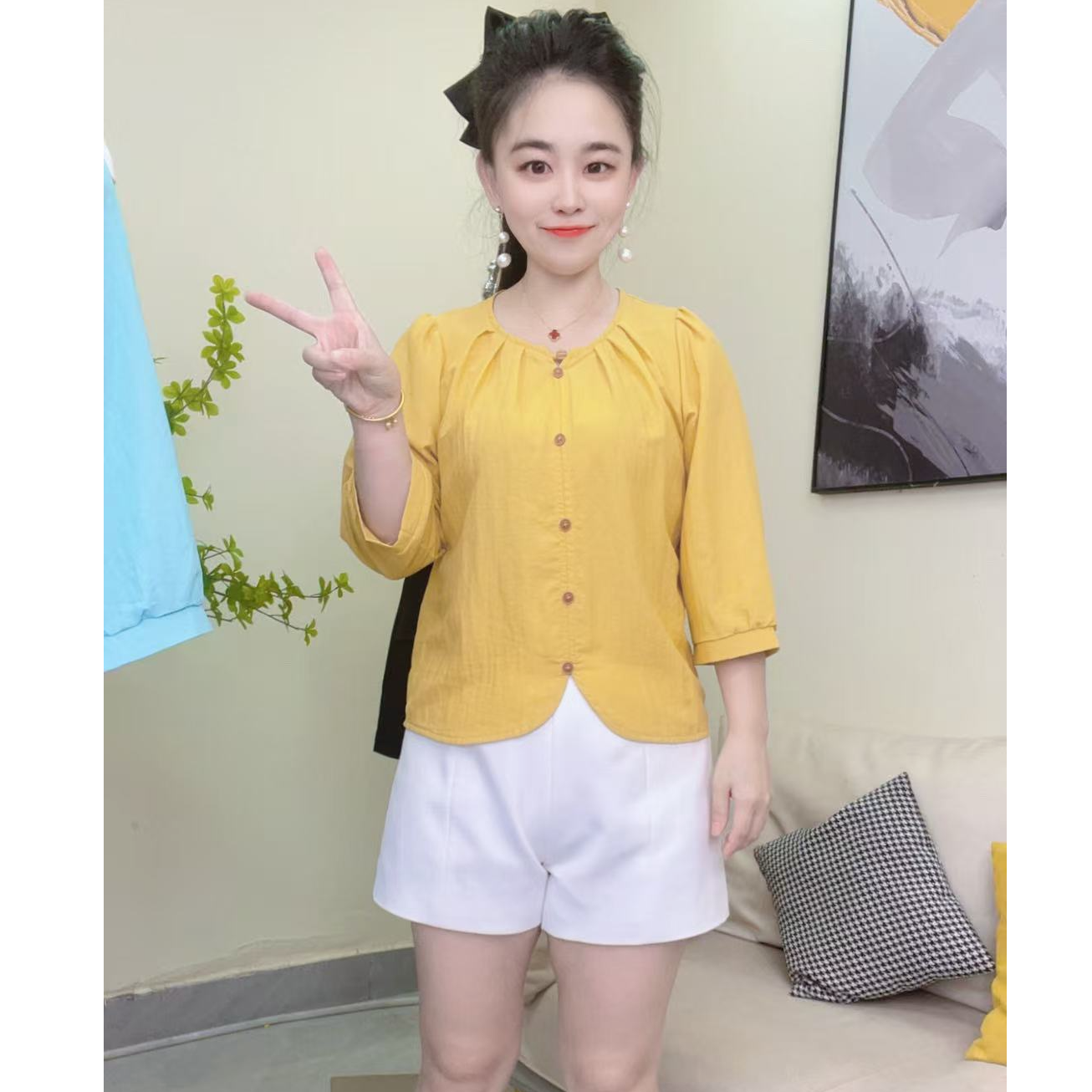 淑女日记··七分袖套头拼接夏季显瘦小衫春秋休闲衬衫气质上衣 827