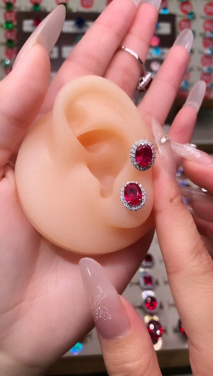 银S925镶嵌耳饰红宝石6*8 银托