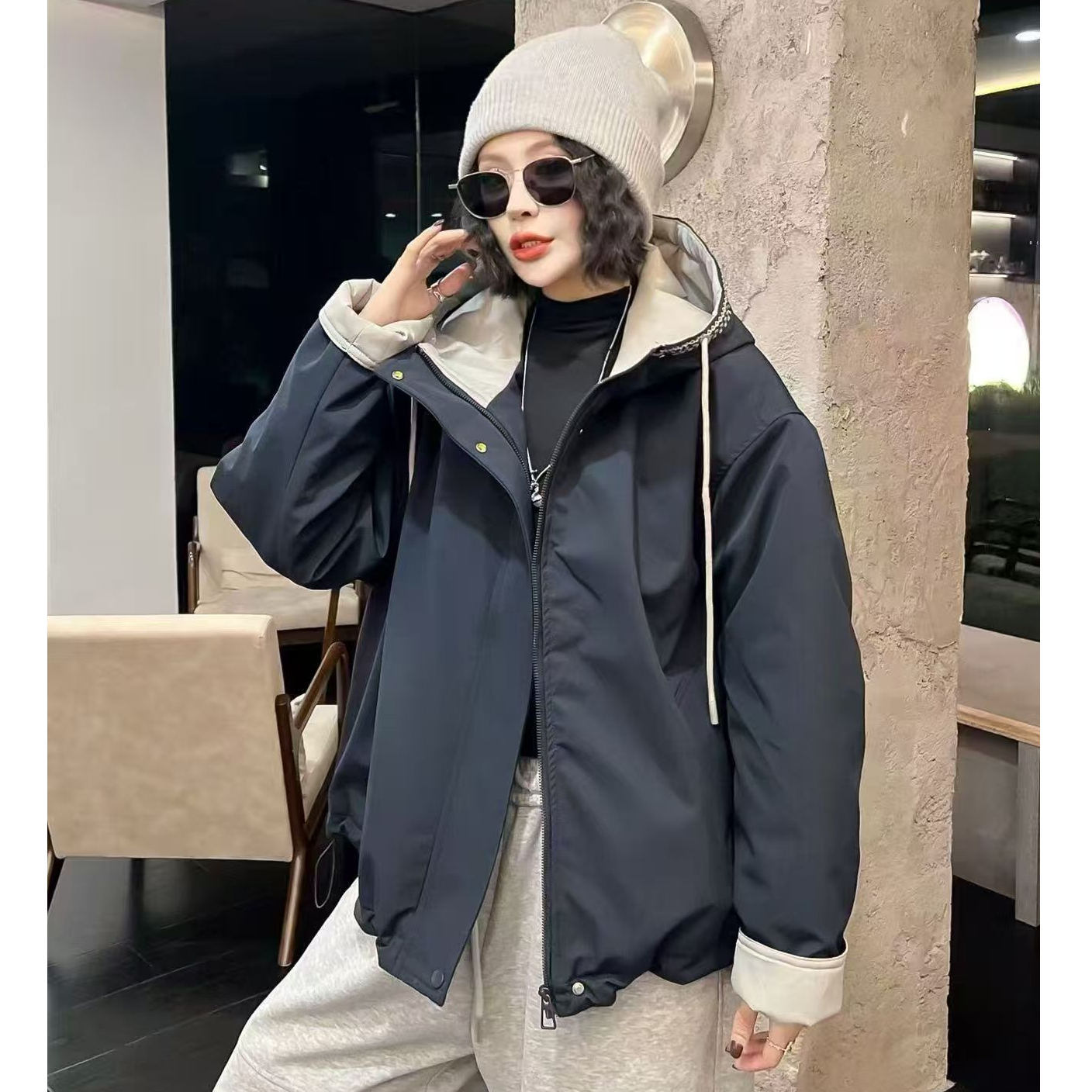 9906纯色百搭女士连帽二棉外套