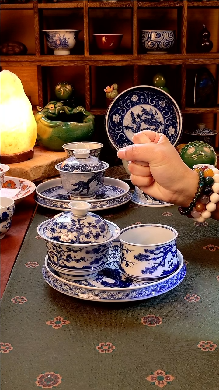 【手工手绘松竹梅马蹄盖碗+壶承+主人杯】