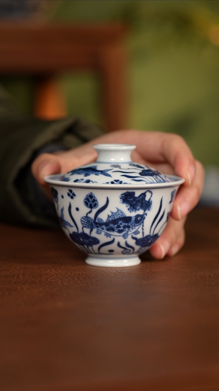 【闪购商品】杯华山拙隐仿明系列 鱼藻纹盖碗