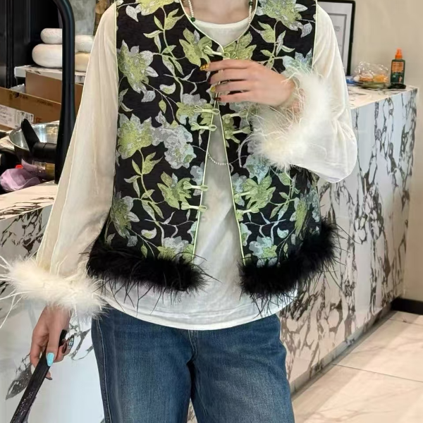 新中式国风鸵鸟毛棉马甲女2025秋新款设计感提花加厚坎肩背心A245