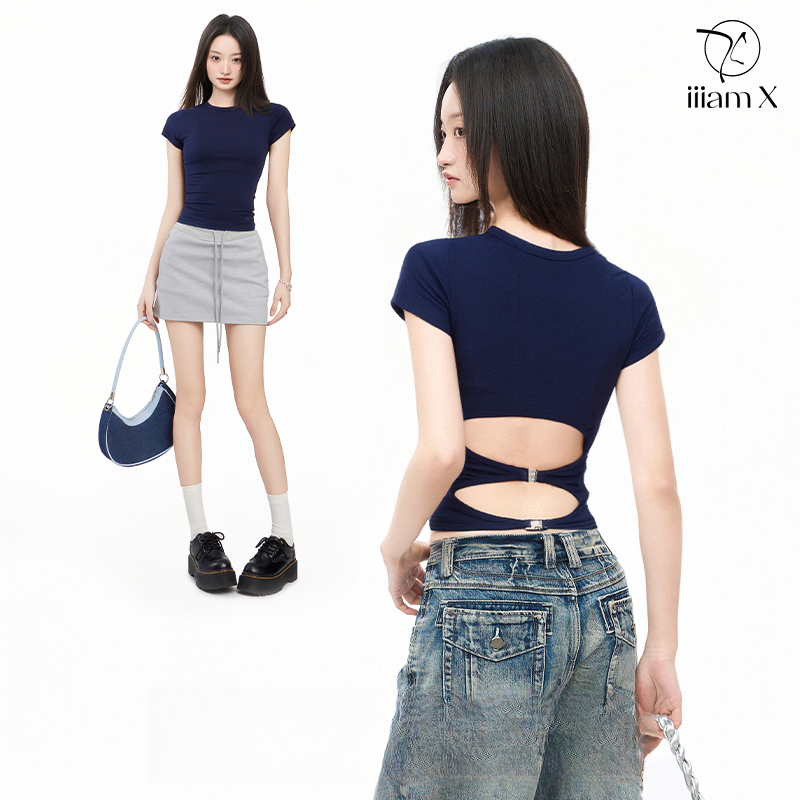 iiiamX藏蓝色正肩露背短袖t恤女夏季修身辣妹短款上衣2025新款夏
