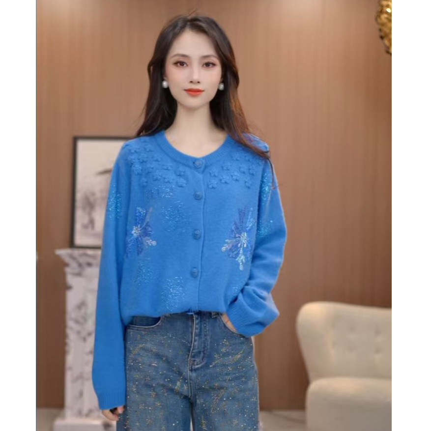 TCH私服秋款时尚休闲风烫钻淑女蓝色针织开衫T75C43E1028轻奢tch