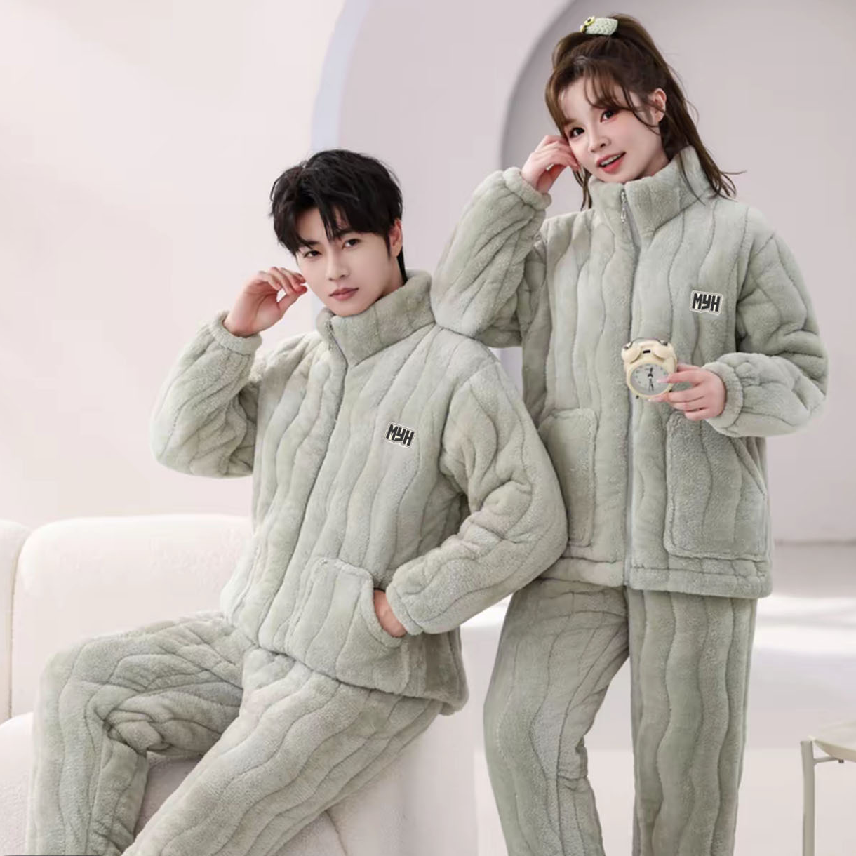 【三层夹棉变态厚】套装巨厚宽松睡衣冬季新款情侣款睡衣加绒保暖服