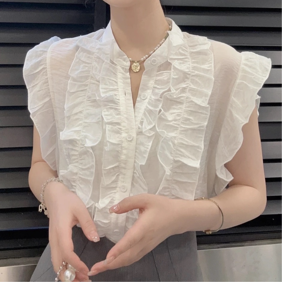 5122#荷叶边拼接无袖背心衬衫女夏季新款洋气减龄显瘦娃娃衫衬衣