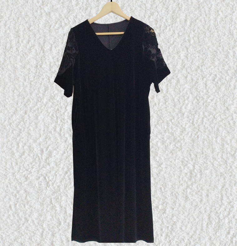 2025夏季新款丝绒拼接烧花短袖V领裙子洋气长款连衣裙3167#显瘦