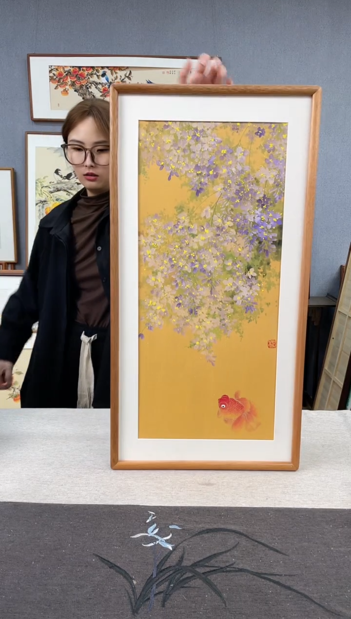 【闪购商品】国画手写手绘带框作品-35*68-紫藤