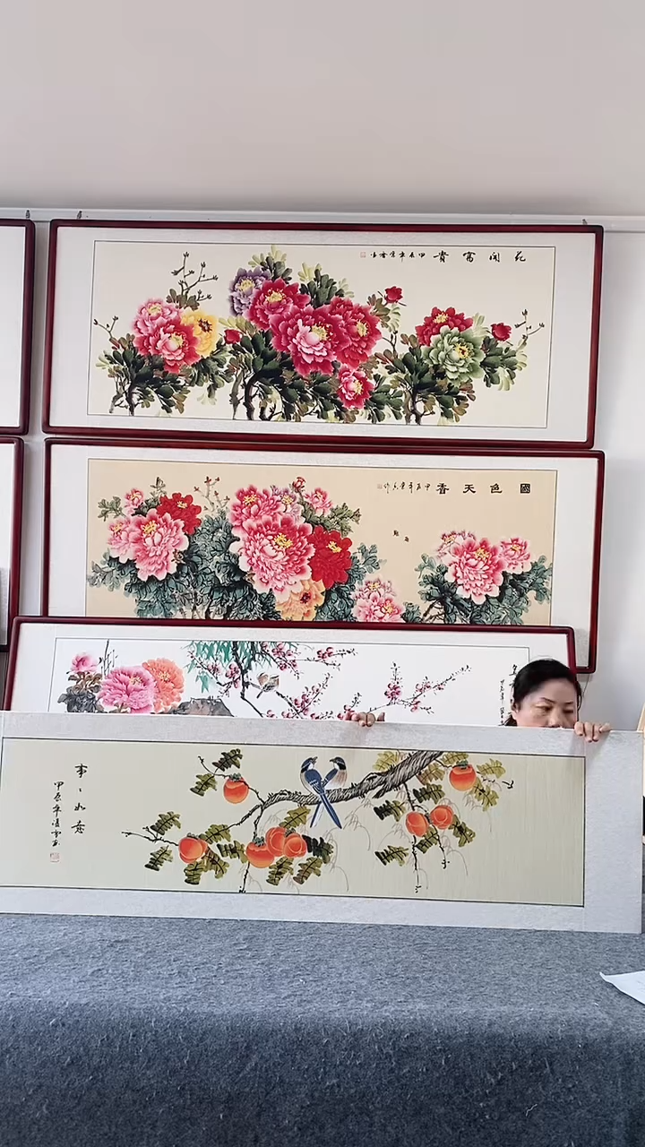 国画纯手绘国画165*50带框装饰挂画