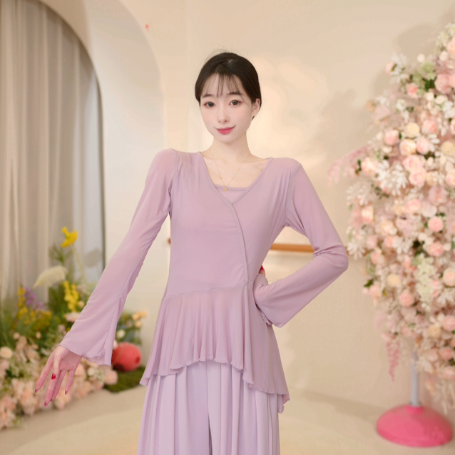 3721 D假两件V领宽松下摆长袖上衣舞蹈服古典舞形体练功日常显瘦