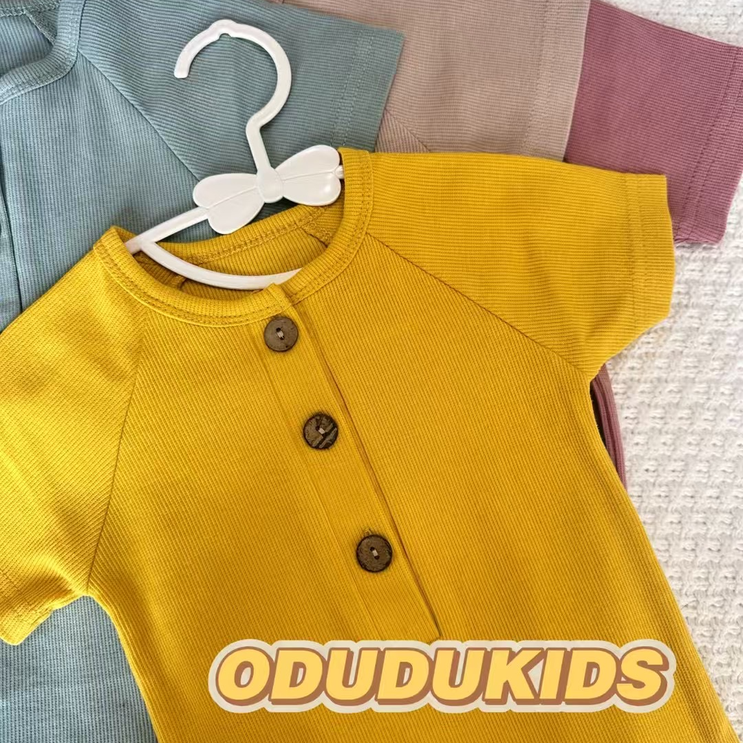 【ODUDUKIDS】宝宝纯色螺纹短袖连体爬服