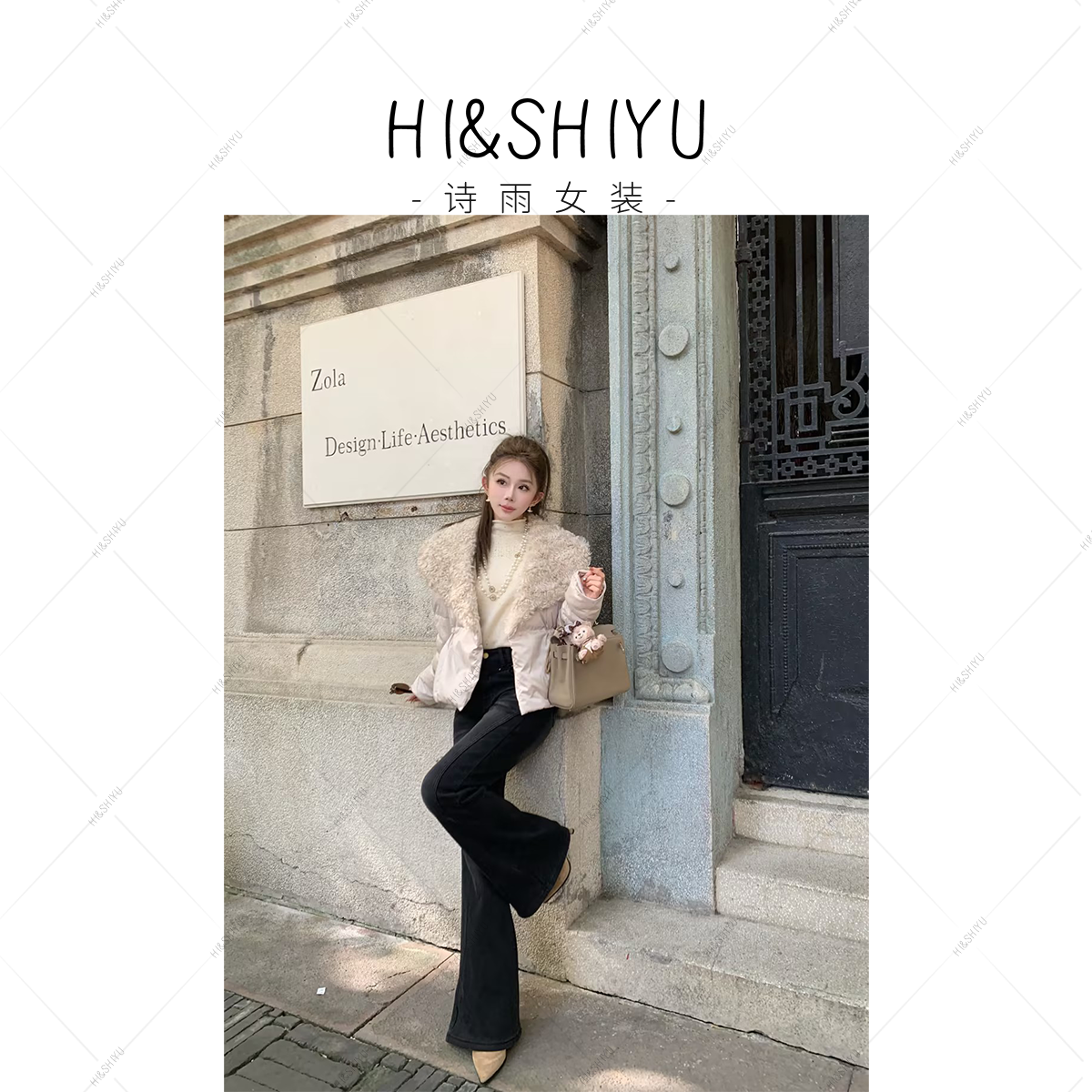 诗雨设计【挪威雪山】25年新款冬季毛毛翻领收腰羽绒服外套