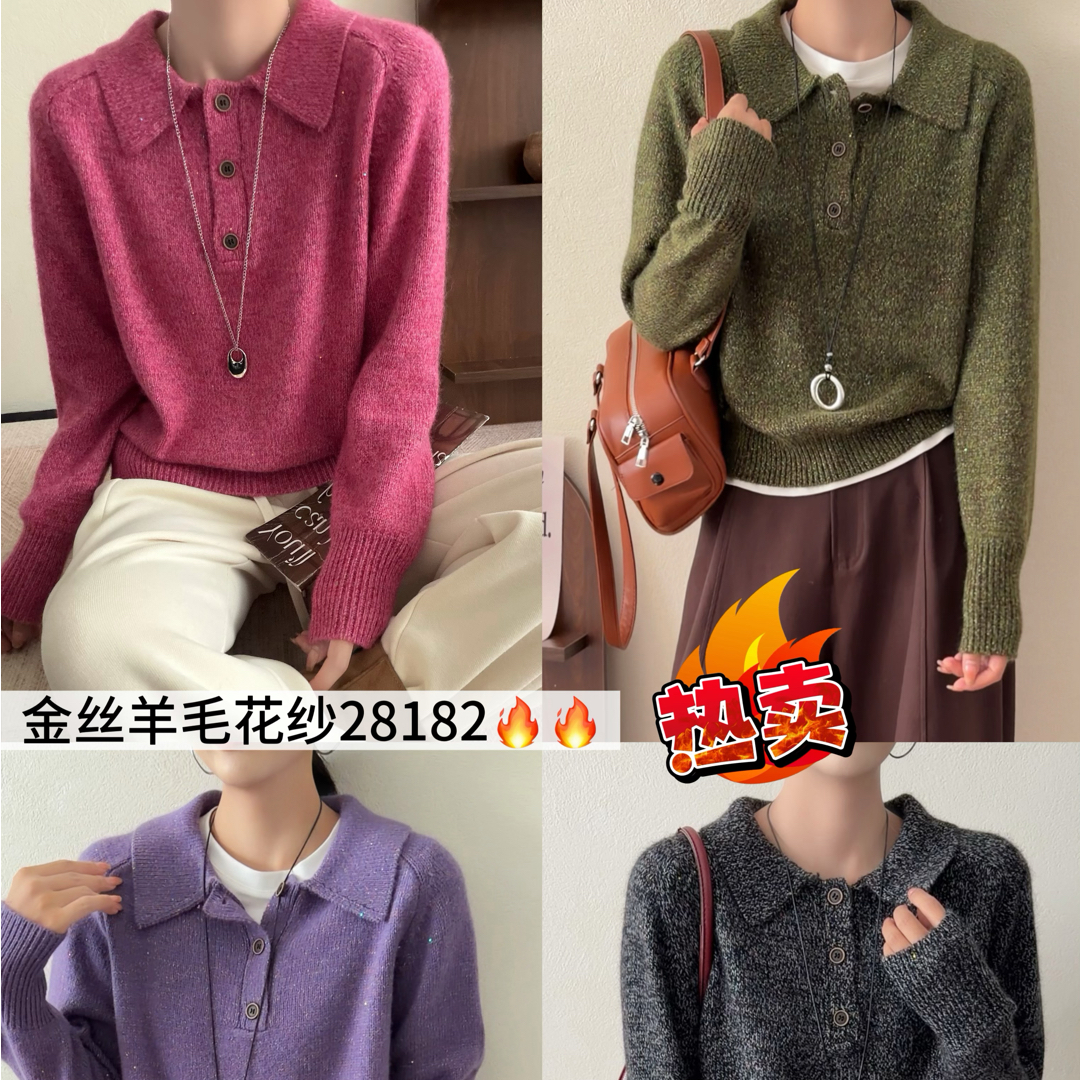 [ W i F i ]28182简约方领花纱加厚套头毛衣半扣休闲毛衣（衣长58）