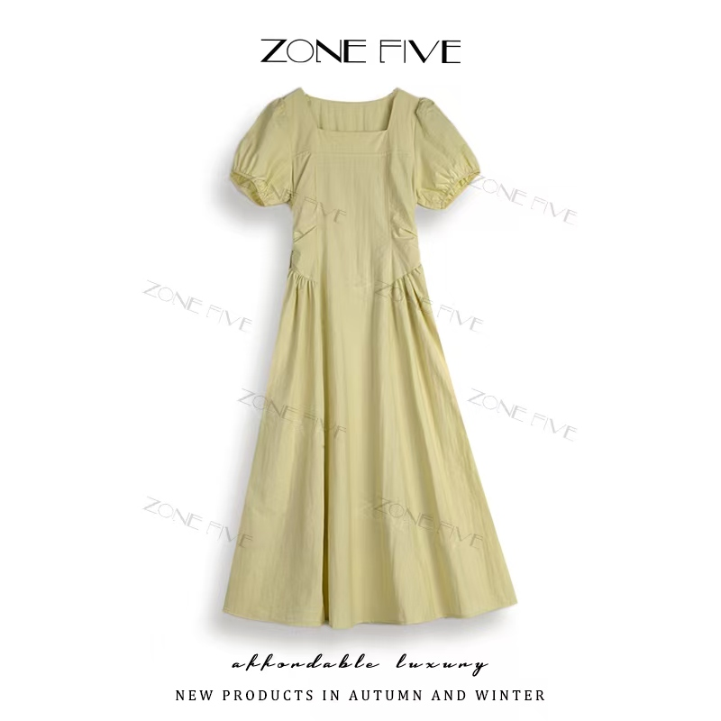 【zonefive】新款法式宫廷风方领收腰褶皱显瘦连衣裙