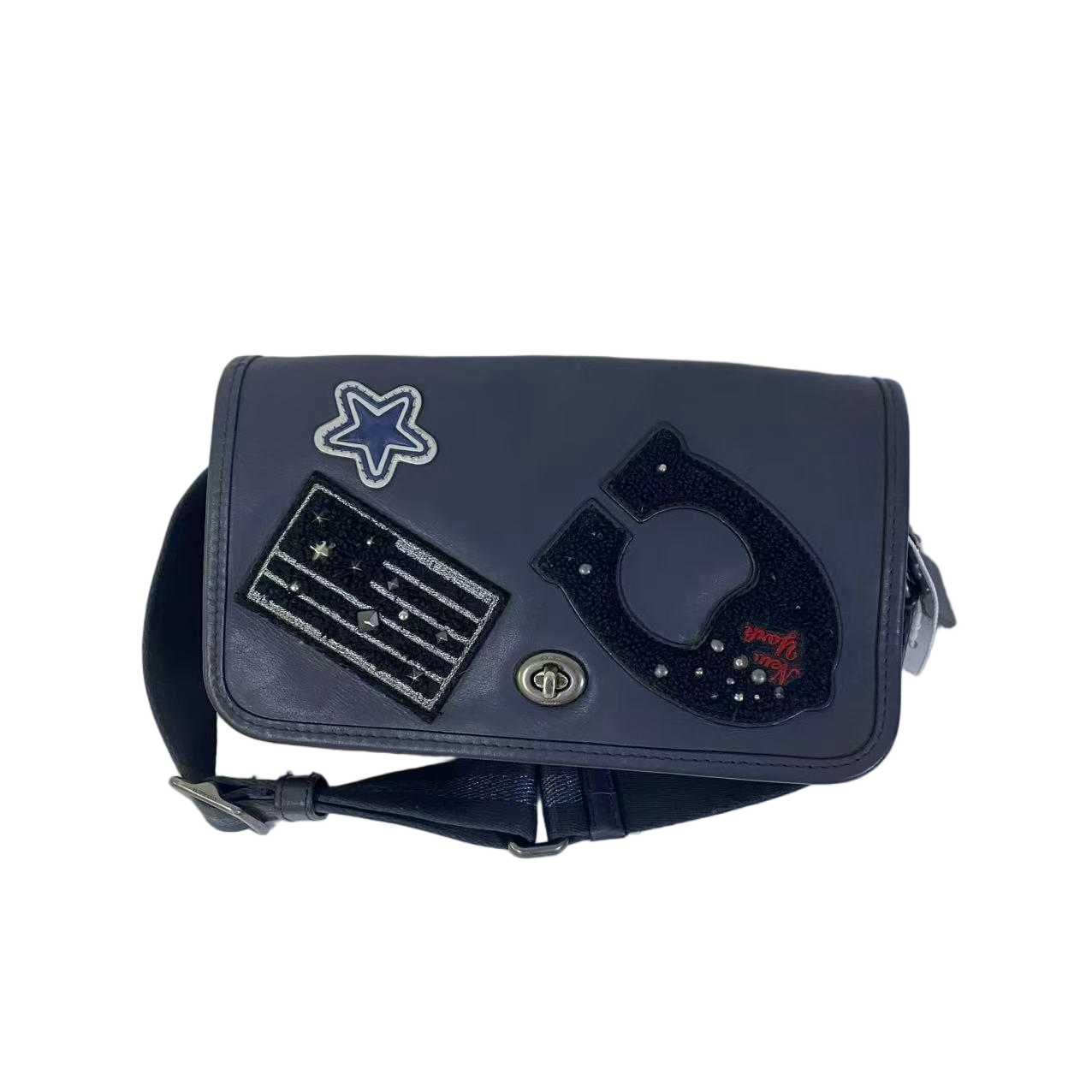 95新 COACH/蔻驰 蓝灰色全皮刺绣贴单肩斜挎包  SH-31226-A