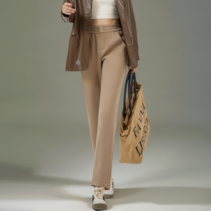 羊毛桑蚕丝加绒高腰休闲毛呢裤百搭保暖修身九分萝卜裤KZ760