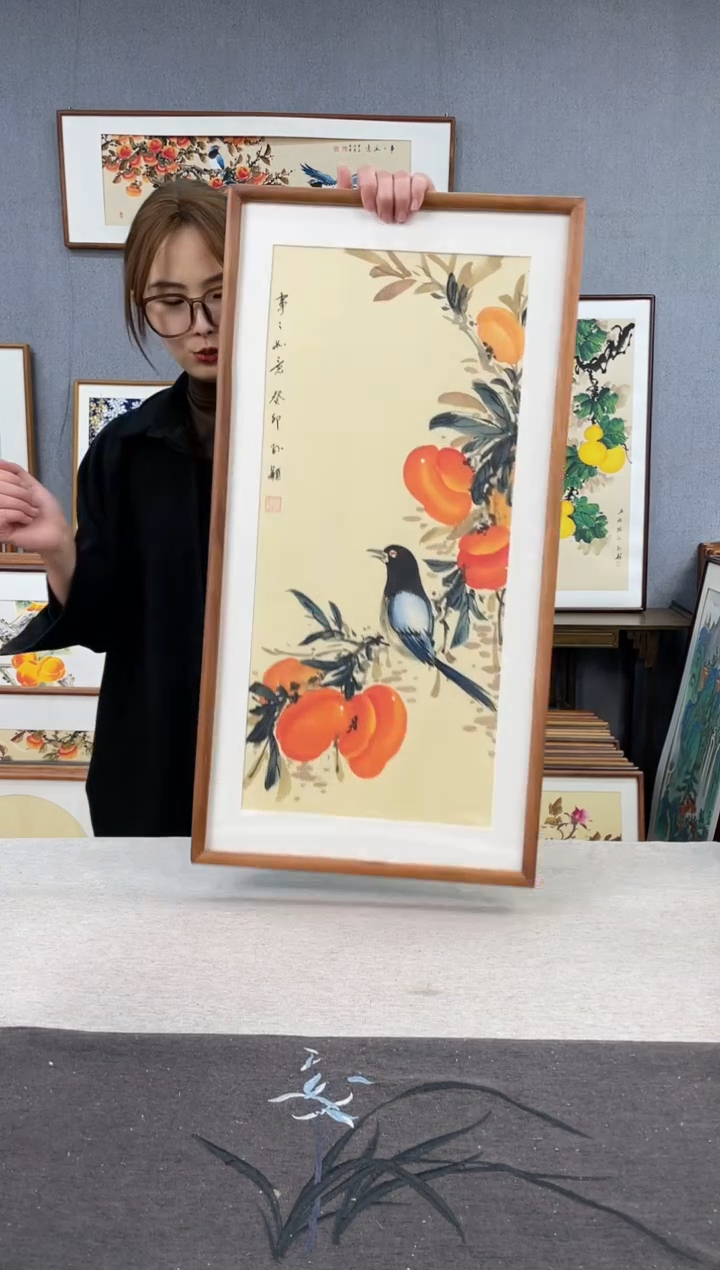 【闪购商品】国画手写手绘带框作品-35*68-柿子