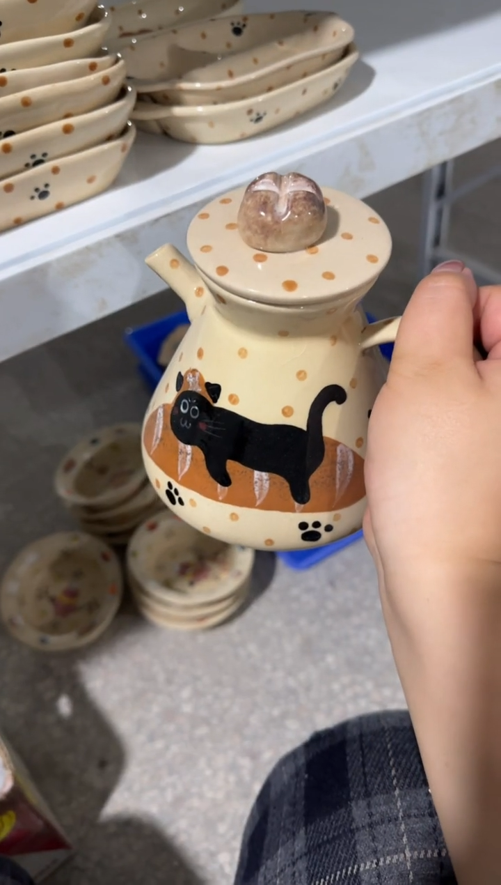 陶瓷面包猫咪1壶2杯【十里高温釉下彩陶瓷】