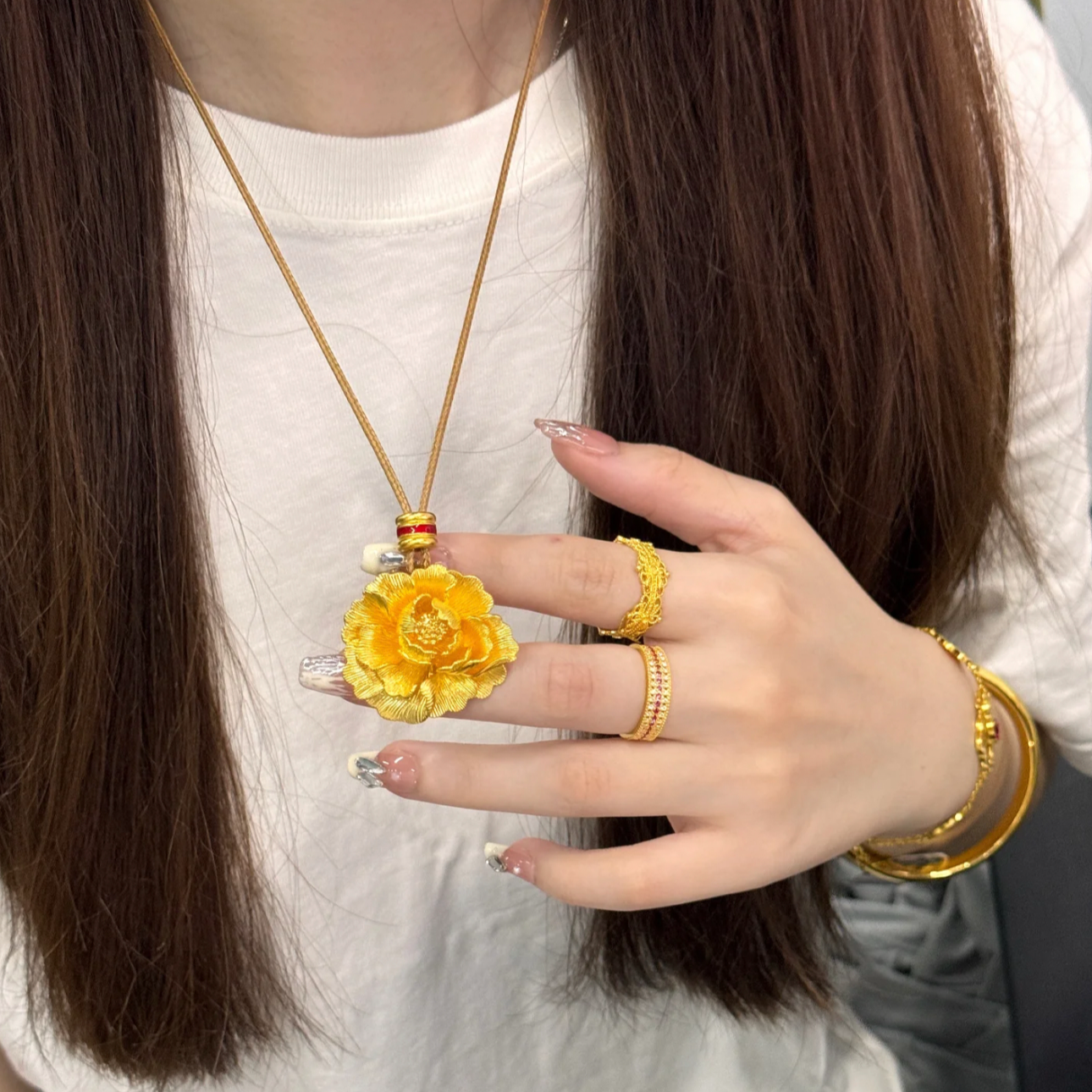 铜合金项链 国潮立体雕花国色天香精美毛衣链女富贵牡丹花项链