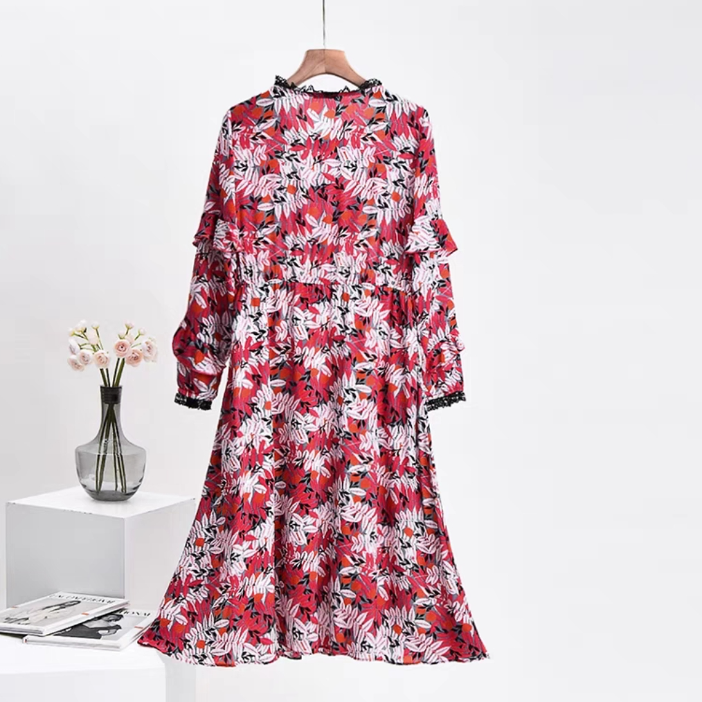 桑蚕丝印花高腰长袖多彩花卉连衣裙夏季春夏女士春季女装长裙