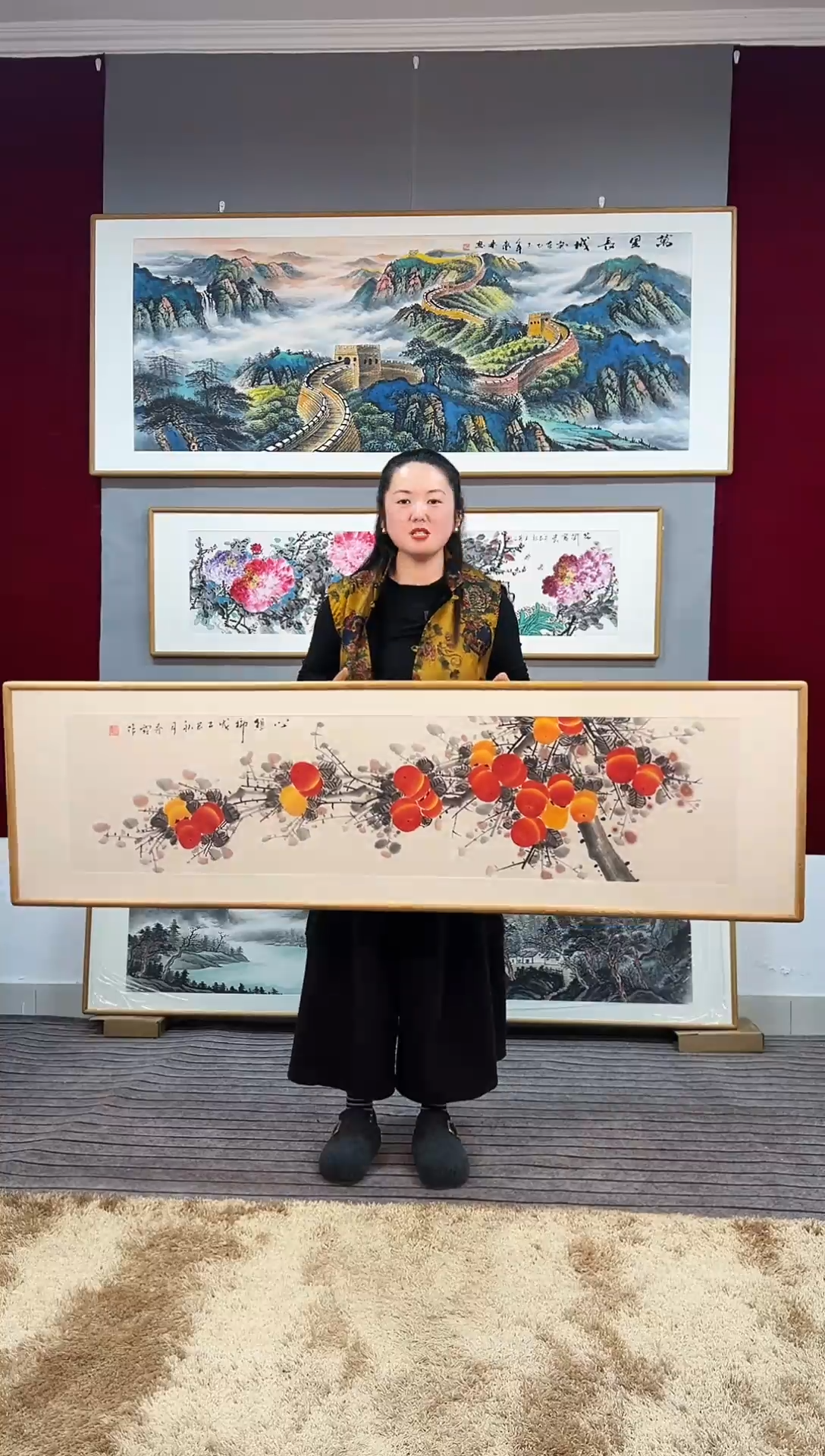 国画手绘柿子162*47尺寸