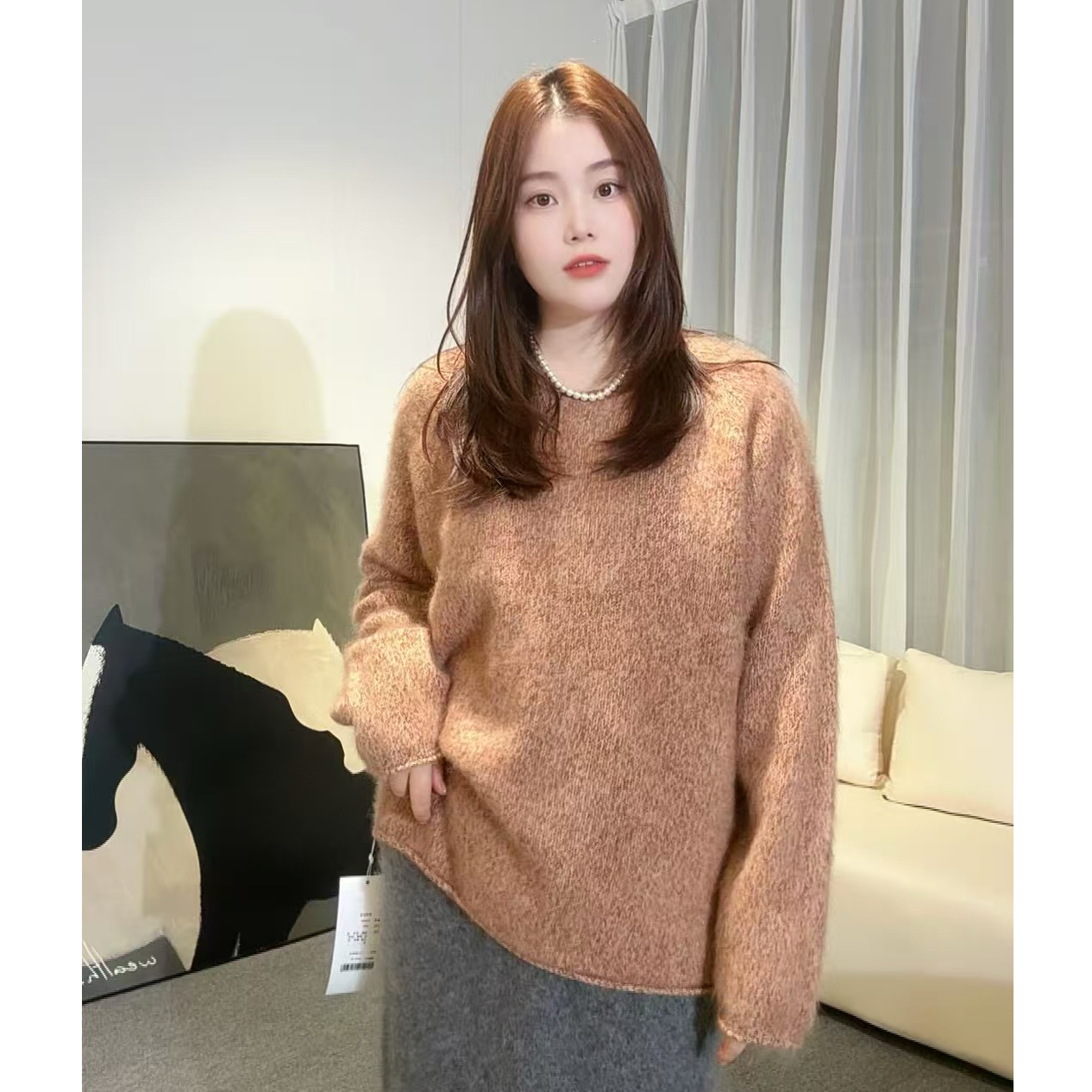 【杨老板】卷边领花纱拉绒针织插肩袖加绒加厚款套头衫SY5459