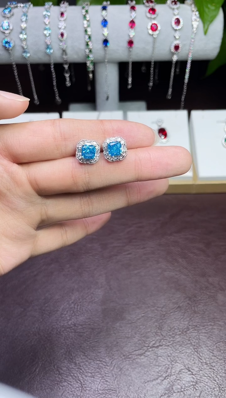 合金合成钻石耳饰海蓝耳钉