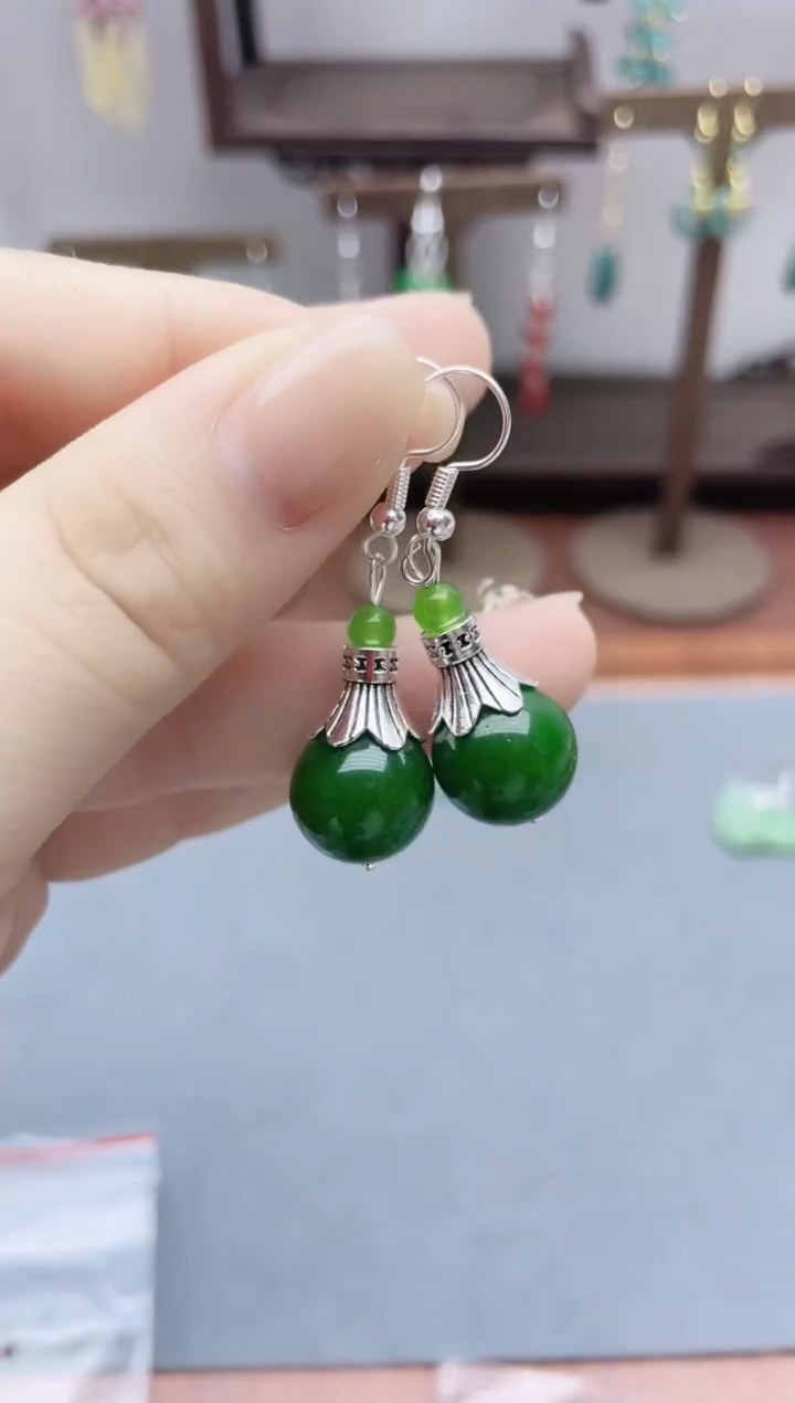 银S925镶嵌和田玉耳饰225