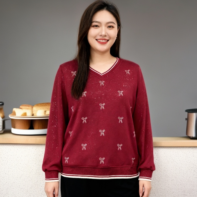 红色法式中老年女装圆领薄款满天星长袖柔软面料亲肤妈妈装