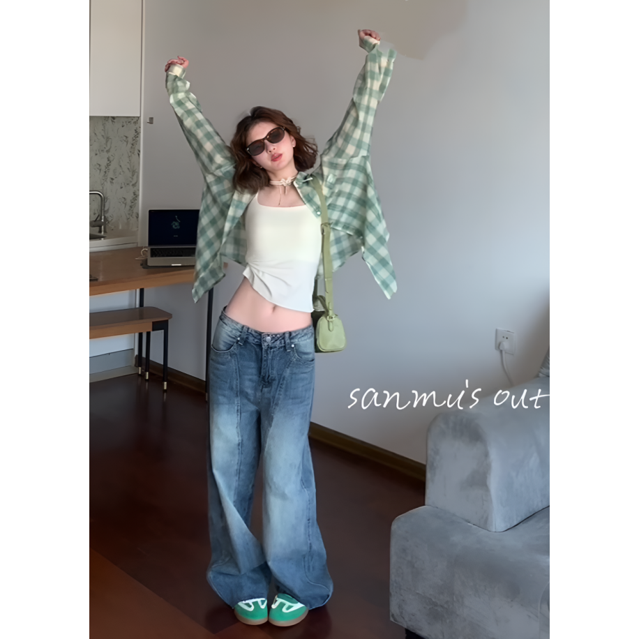 MARIE.COCO慵懒复古绿色格子长袖衬衫女春外搭通勤时尚牛仔裤套装