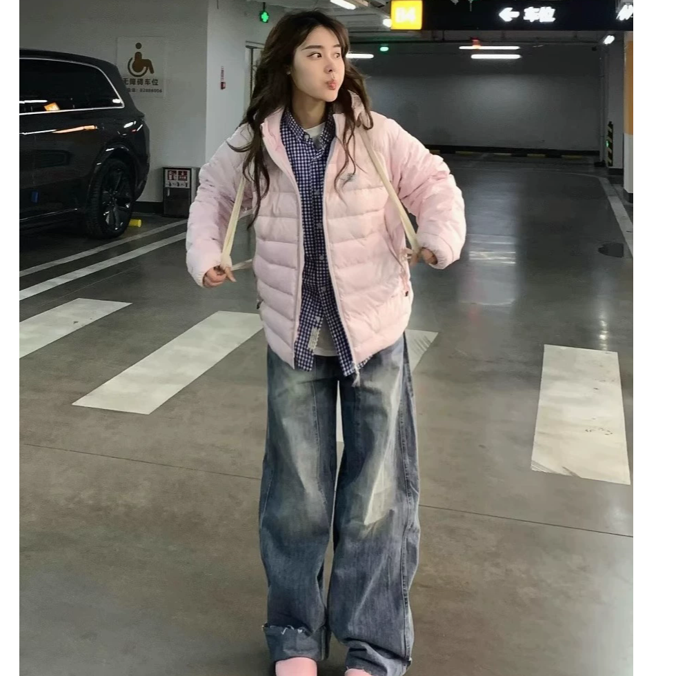 韩系轻薄棉服外套女连帽设计排骨慵懒风爆款夹棉棉袄粉蓝预售