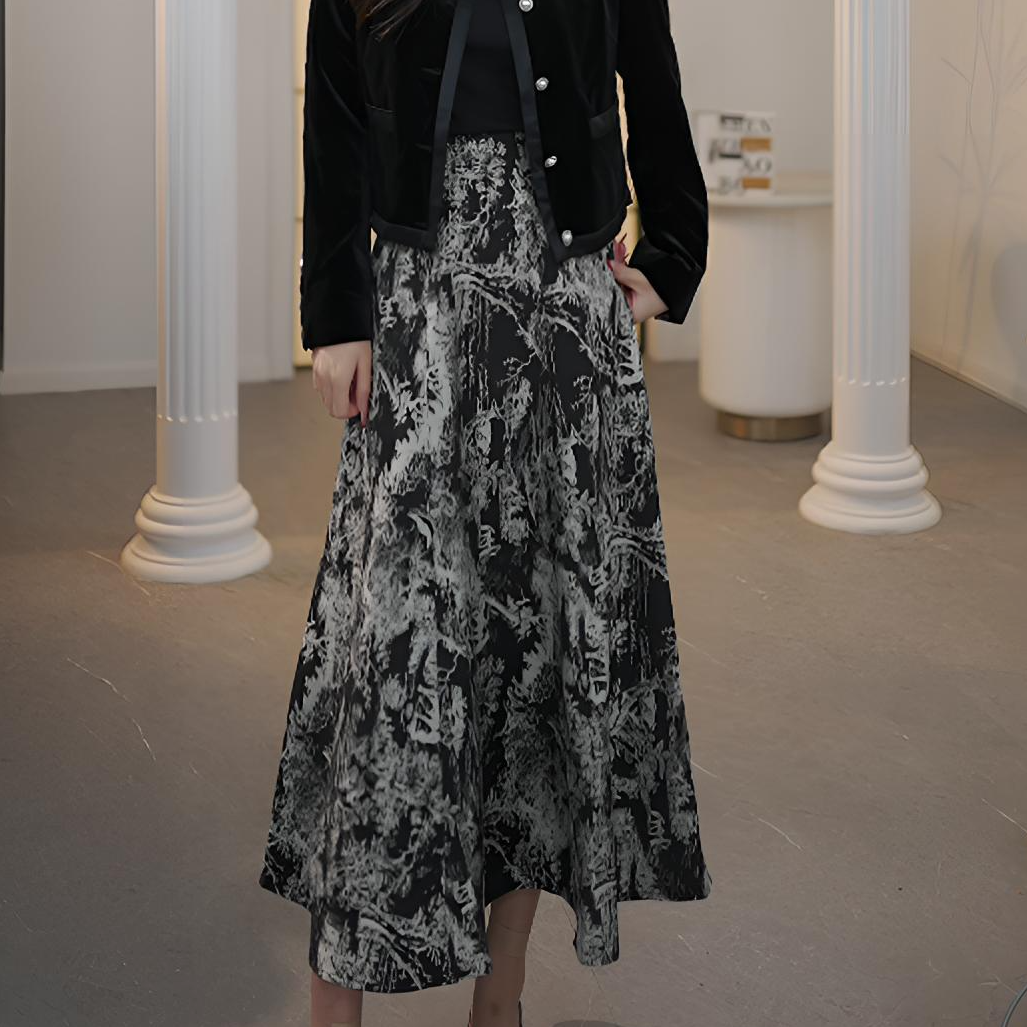 【安雅专属】曼德诗高腰A型提花水墨半身裙女